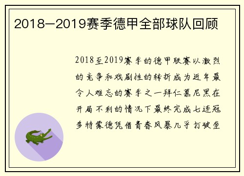 2018–2019赛季德甲全部球队回顾