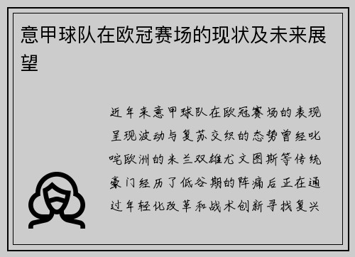 意甲球队在欧冠赛场的现状及未来展望