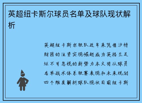 英超纽卡斯尔球员名单及球队现状解析